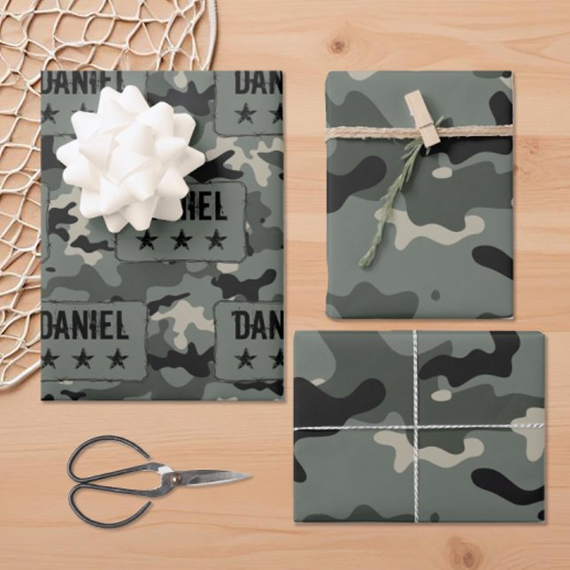 Personalized Name Camouflage Wrapping Paper Sheets (Personalized name camouflage gift wrapping paper.)