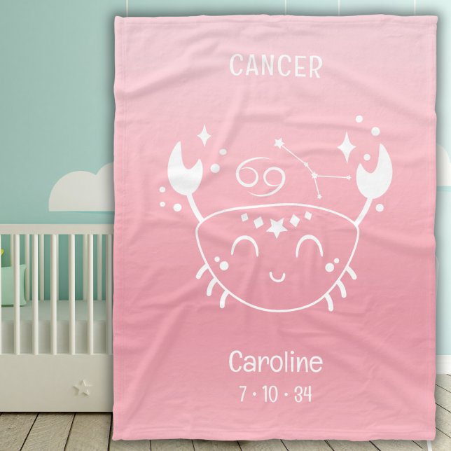 Personalized Name Cancer Zodiac Birthdate Pink Fleece Blanket (Creator Uploaded)