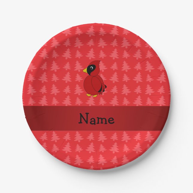 Personalized name cardinal red christmas trees paper plates (Front)