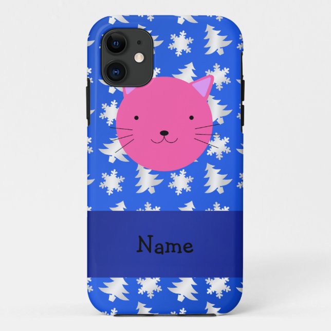 Personalized name cat blue snowflakes trees Case-Mate iPhone case (Back)