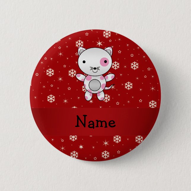 Personalized name cat red snowflakes button (Front)