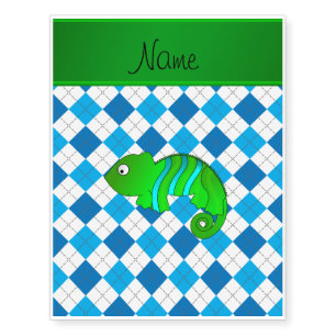 Personalized name chameleon blue argyle temporary tattoos
