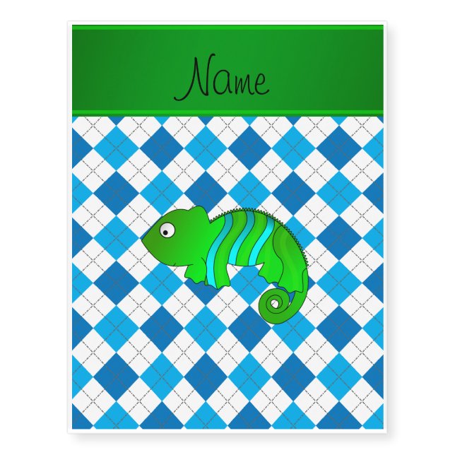 Personalized name chameleon blue argyle temporary tattoos (Front)