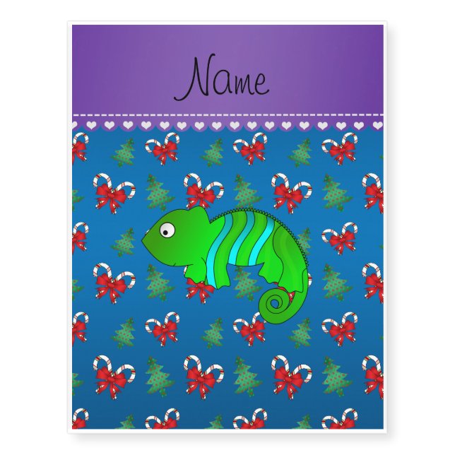 Personalized name chameleon blue candy canes bows temporary tattoos (Front)