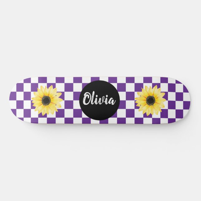  Personalized Name Checkerboard & Sunflower purple Skateboard (Horz)