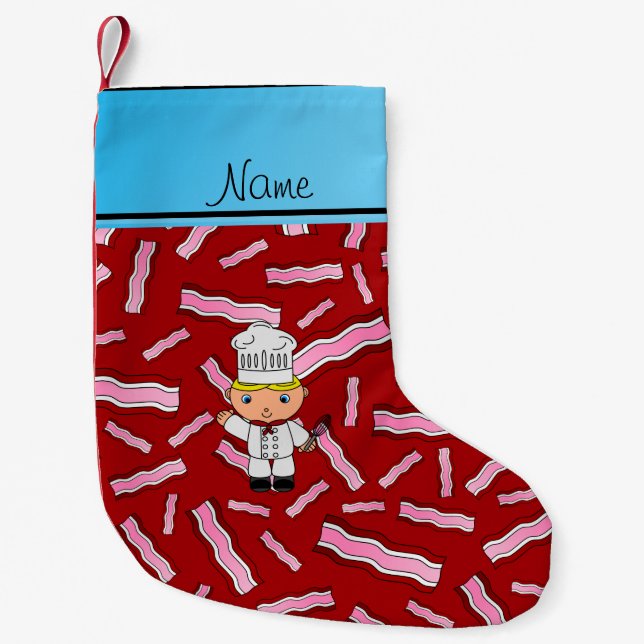 Personalized name chef red bacon small christmas stocking (Front)