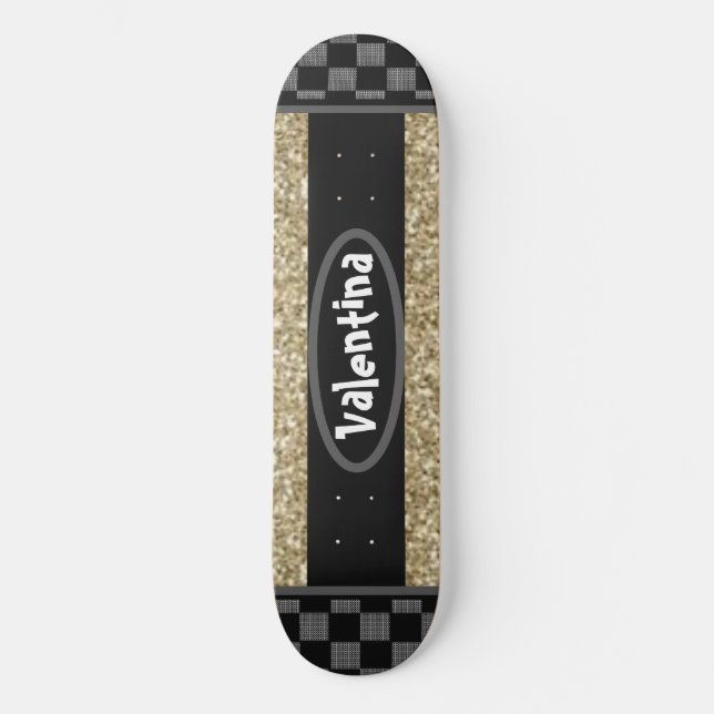 Personalized Name Chessboard Stylish Gold Glittery Skateboard (Front)