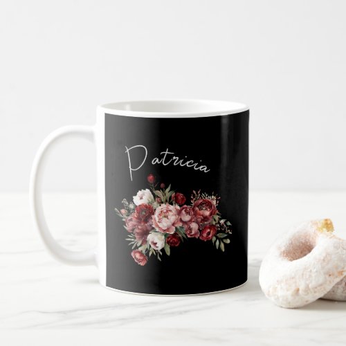 Personalized Name Chic Burgundy Blush Pink Floral Coffee Mug