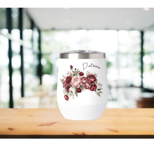 Personalized Name Chic Burgundy Blush Pink Floral Thermal Wine Tumbler