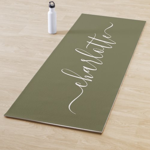 Personalized Name Chic Calligraphy Olive Green Yoga Mat