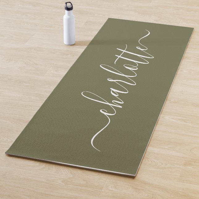 Personalized Name Chic Calligraphy Olive Green Yoga Mat (In Situ)