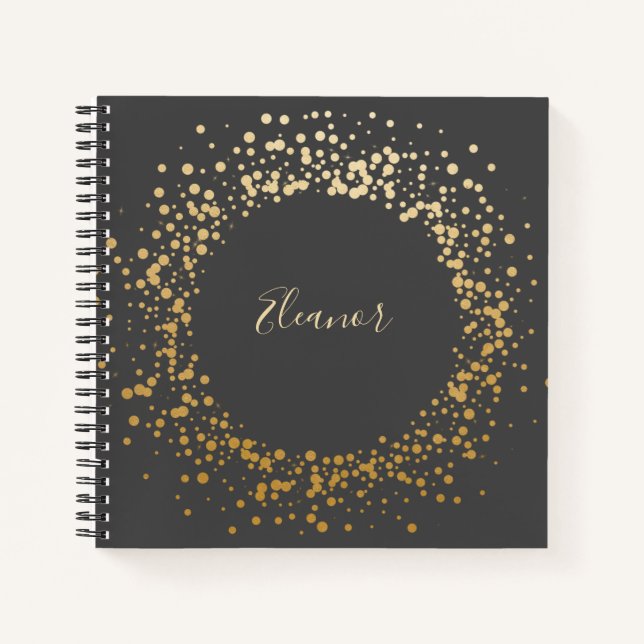 Personalized Name Chic Gold Confetti Dots Black Notebook (Front)