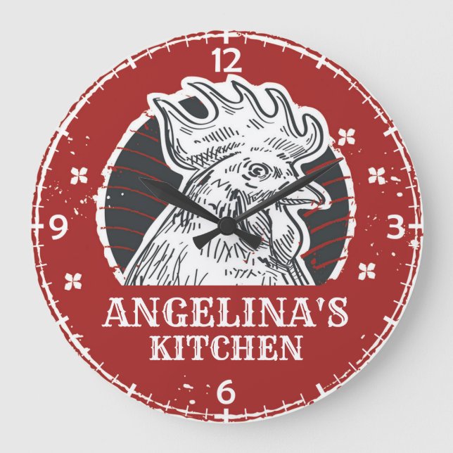 Personalized NAME Chicken Kitchen Custom Rooster Large Clock (Front)