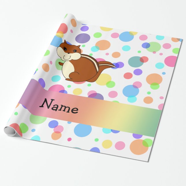 Personalized name chipmunk rainbow polka dots wrapping paper (Unrolled)