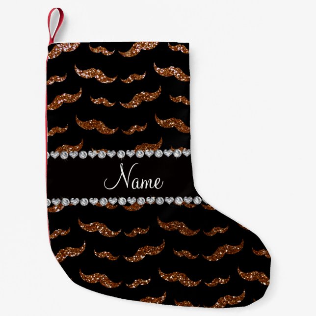 Personalized name chocolate brown glitter mustache small christmas stocking (Front)