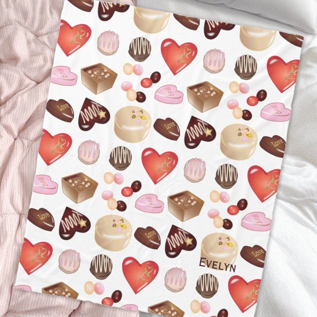 Personalized Name Chocolate Candy Heart Pattern Fleece Blanket (Creator Uploaded)