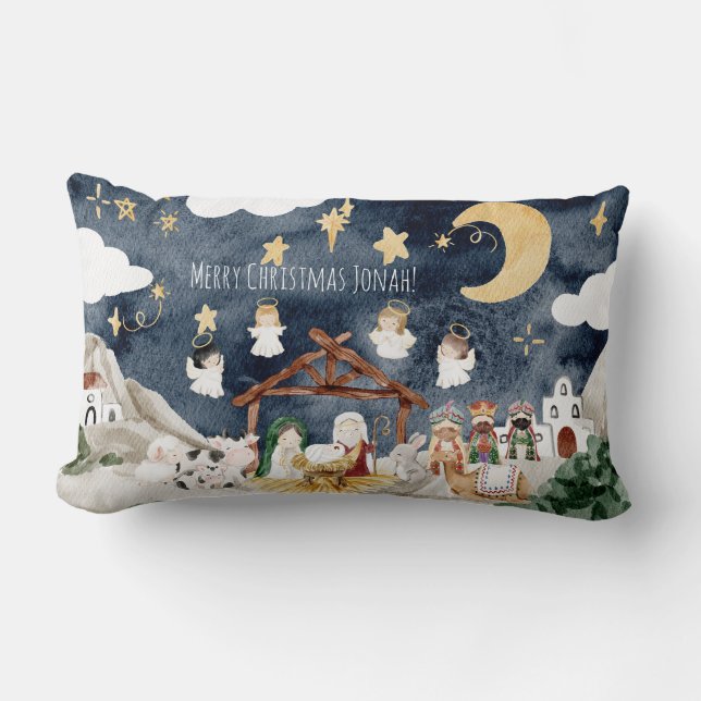 Personalized Name Christian Kids Christmas Lumbar Pillow (Front)