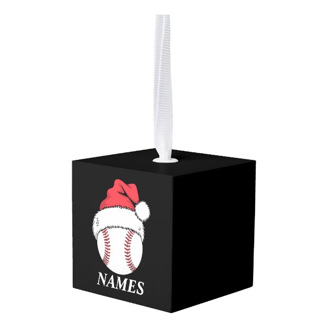 Personalized Name Christmas Baseball Santa Hat Cube Ornament (Back Angled)