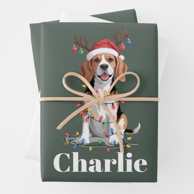 Personalized Name Christmas Beagle Dog Lover Wrapping Paper Sheets (In situ)