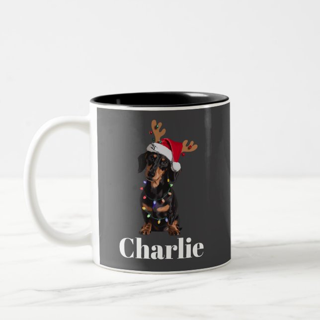 Personalized Name Christmas Dachshund Dog Lights Two-Tone Coffee Mug (Left)