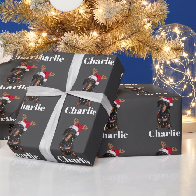 Personalized Name Christmas Dachshund Dog Lights Wrapping Paper (Holidays)