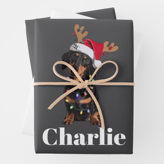 Personalized Name Christmas Dachshund Dog Lights Wrapping Paper Sheets (In situ)