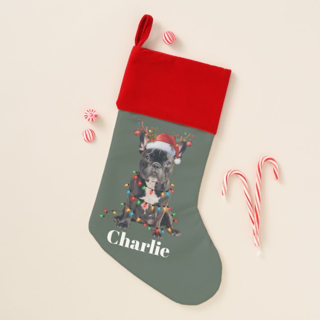 Personalized Name Christmas French Bulldog Dog  Stocking (Front)