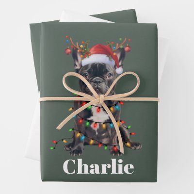 Personalized Name Christmas French Bulldog Dog  Wrapping Paper Sheets
