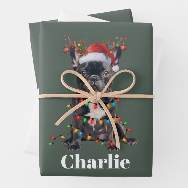 Personalized Name Christmas French Bulldog Dog  Wrapping Paper Sheets (In situ)
