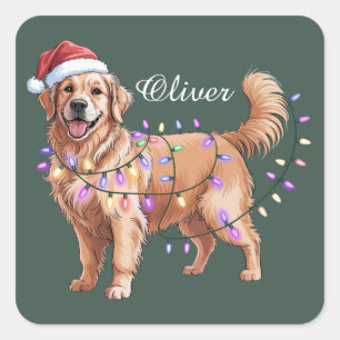 Personalized Name Christmas Golden Retriever Dog Square Sticker