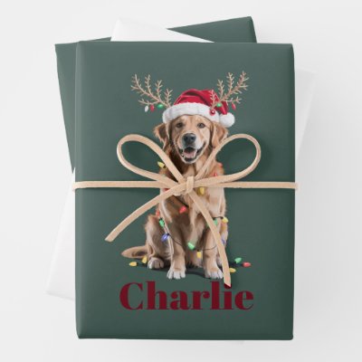 Personalized Name Christmas Golden Retriever Dog Wrapping Paper Sheets