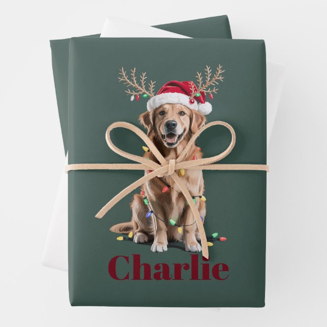 Personalized Name Christmas Golden Retriever Dog Wrapping Paper Sheets (In situ)