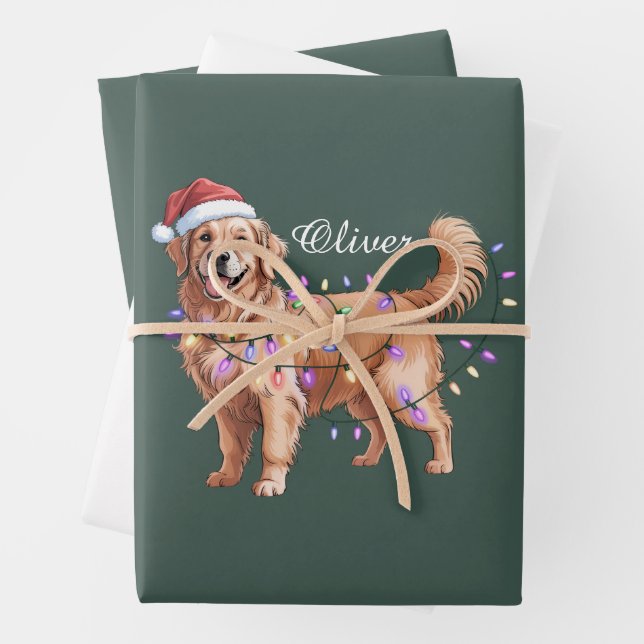 Personalized Name Christmas Golden Retriever Dog  Wrapping Paper Sheets (In situ)