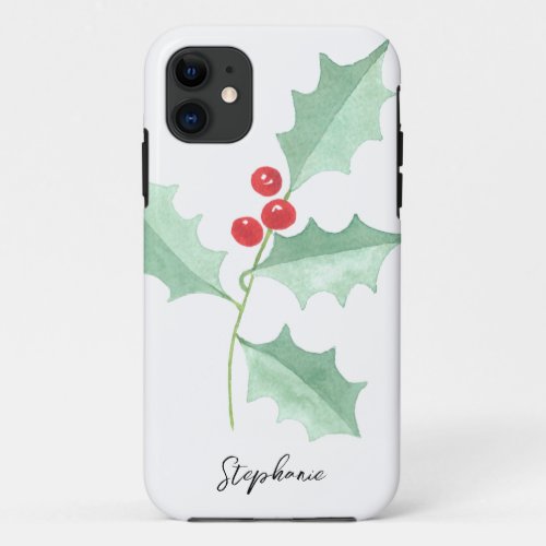 Personalized Name Christmas Greenery  Red Berry  iPhone 11 Case