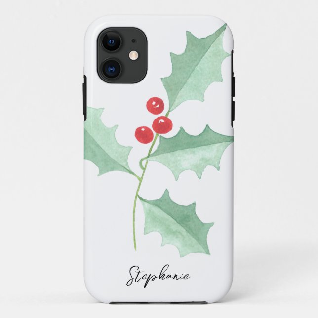 Personalized Name Christmas Greenery & Red Berry  Case-Mate iPhone Case (Back)
