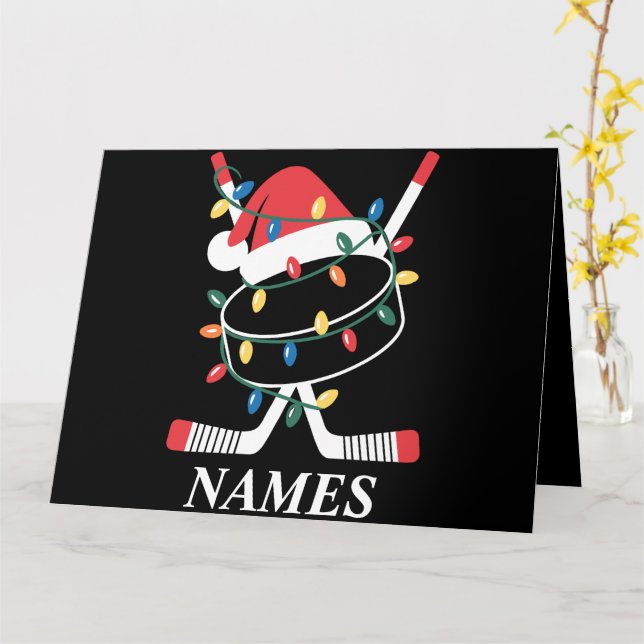 Personalized Name Christmas Hockey Xmas Santa Hat Card (Yellow Flower)