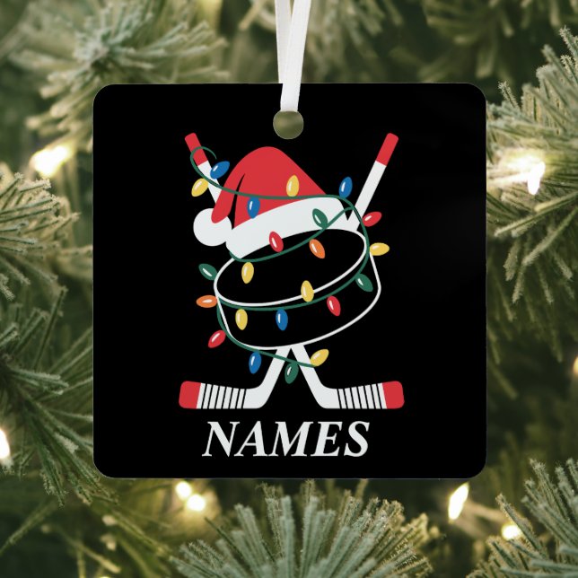 Personalized Name Christmas Hockey Xmas Santa Hat Metal Ornament (Insitu)