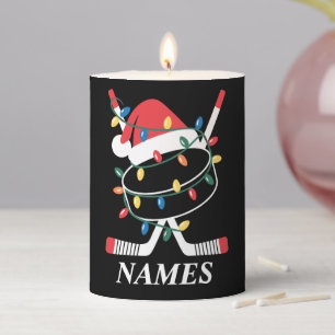 Personalized Name Christmas Hockey Xmas Santa Hat Pillar Candle