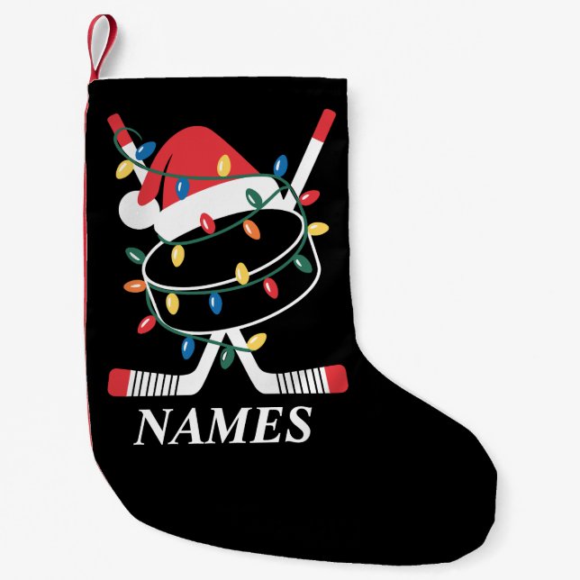 Personalized Name Christmas Hockey Xmas Santa Hat Small Christmas Stocking (Front)