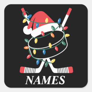 Personalized Name Christmas Hockey Xmas Santa Hat Square Sticker