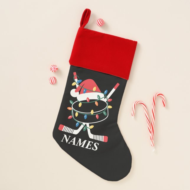 Personalized Name Christmas Hockey Xmas Santa Hat Stocking (Front)
