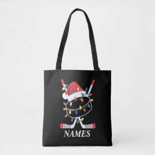 Personalized Name Christmas Hockey Xmas Santa Hat Tote Bag
