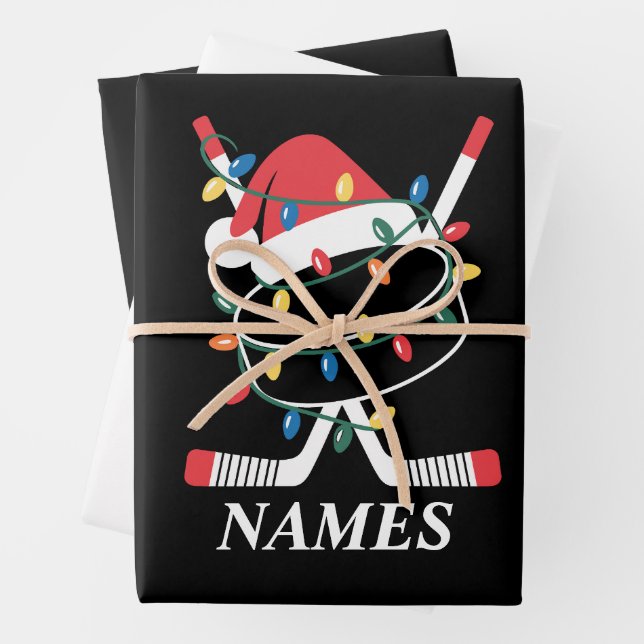 Personalized Name Christmas Hockey Xmas Santa Hat Wrapping Paper Sheets (In situ)