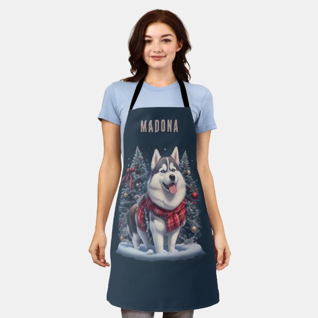 Personalized Name Christmas Husky Dog Magic Apron (Worn)