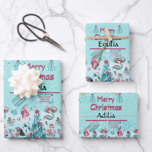 Personalized name Christmas Mermaid and Friends Wrapping Paper Sheets
