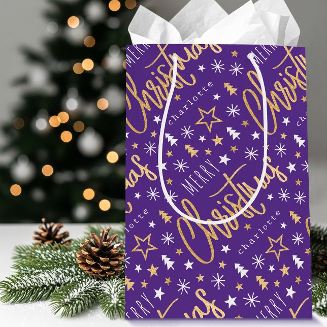 Personalized Name Christmas Purple Faux Gold Medium Gift Bag (Creator Uploaded)