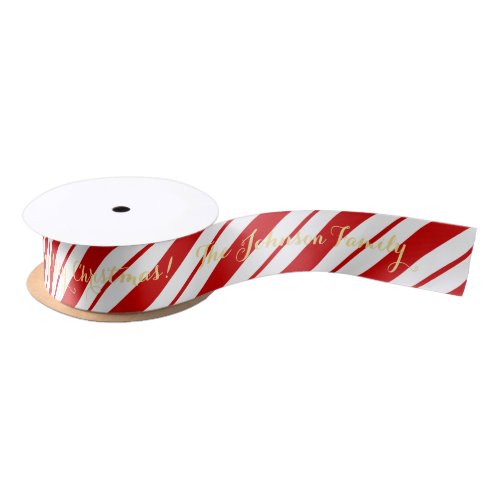 Personalized Name Christmas Red Candy Cane Stripes Satin Ribbon