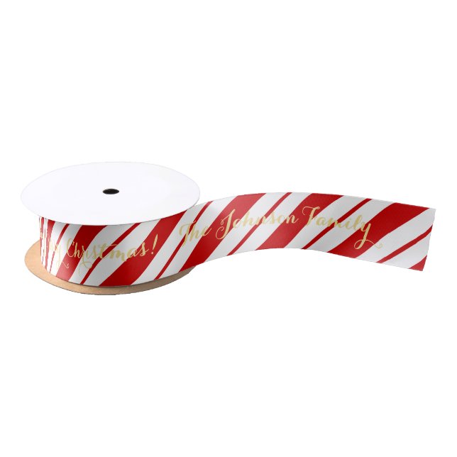 Personalized Name Christmas Red Candy Cane Stripes Satin Ribbon (Spool)