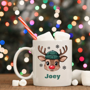 Personalized Name Christmas Reindeer Green Beanie Coffee Mug