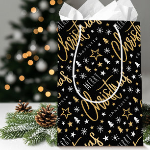 Personalized Name Christmas Script Black Faux Gold Medium Gift Bag